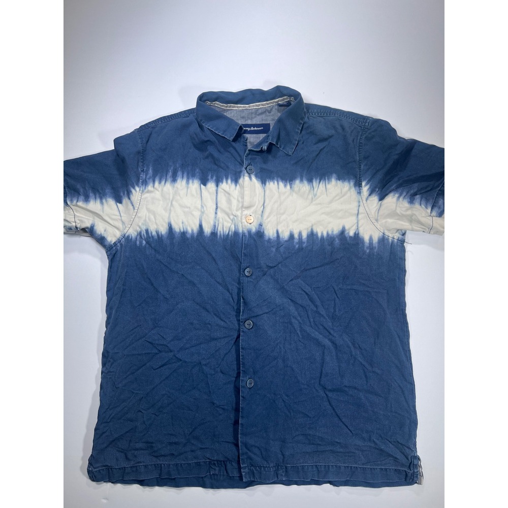 Tommy Bahama Button‎ Down Mens Medium Blue Tie Dye Stripe 100% Silk Short Sleeve